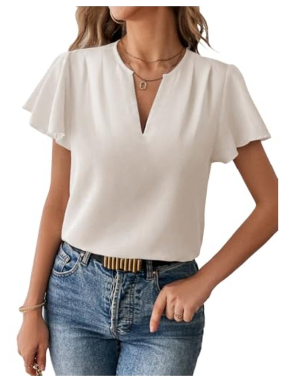 Womens Chiffon Ruffle Sleeve V Neck Blouse Flutter Sleeve Loose Fit Work Shirt